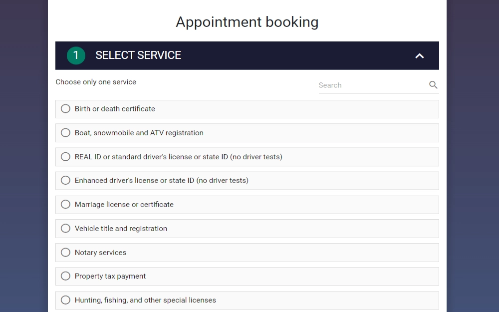 A screenshot showing the appointment booking page for the request of vital records "in-person" Step 1: "Select Service," where the searcher chooses the requested document type.