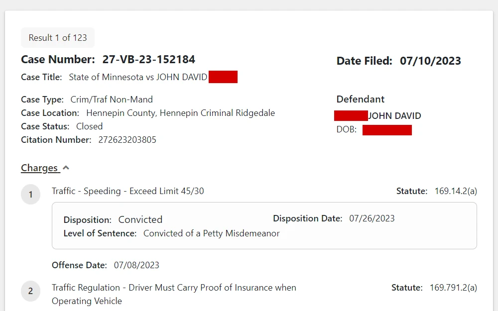 A screenshot showing the results from a case search from Minnesota Court Record Online (MCRO) includes the case information, the date filed, the name of the individual involved, and the charge information.