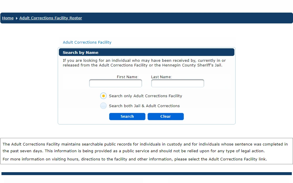 A screenshot of the Hennepin County Adult Corrections Facility Roster search tab, requiring the input of an offender's first and last name, followed by the selection of a search type.
