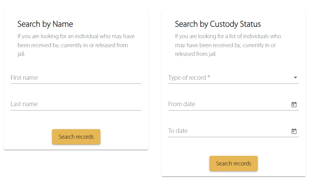 An image from the Hennepin County Sheriff's page shows two options to search for an inmate: Search by Name and Search by Custody Status; to search by name, the searcher is required to input the first and last name of the offender, while when searching by custody status the searcher is required to select the type of record from the drop-down, along with its date. 