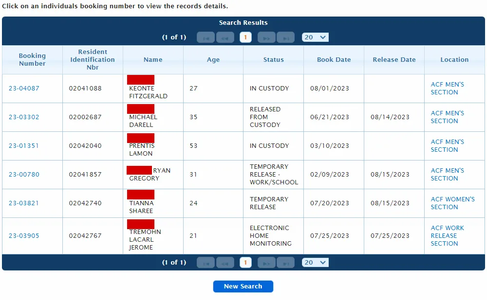 A screenshot of the Hennepin County Adult Correction Facility Roster search tool displays a list of offenders and their details.