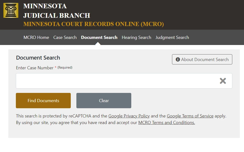 A screenshot of the Minnesota Judicial Branch's Court Records Online (MCRO) document search where a searcher is required to input the case number to begin with the search; "Find Documents" and "Clear" buttons are at the bottom.