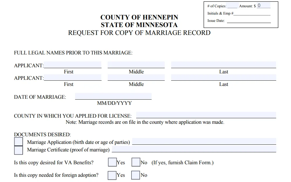 A screenshot showing a request for a copy of the "Marriage Record" form in the County of Hennepin where the requester must input the applicant's full name, date of marriage and county in which the license was applied, and select from a checkbox the type of document desired.