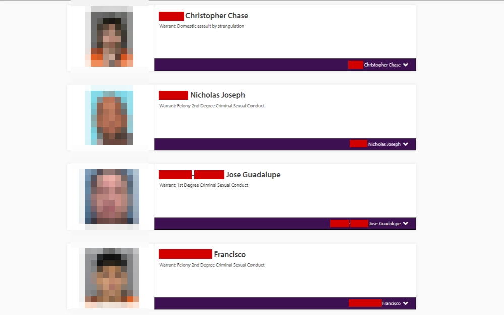 A screenshot showing the most wanted list displaying details such as mugshot photo preview, full name and warrant details from the Hennepin County Sheriff’s Office website.