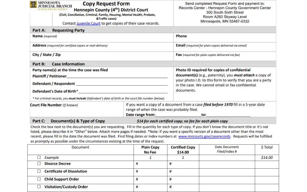 A screenshot of an online form used to request a copy from the Hennepin County Fourth District Court, featuring sections for the requesting party’s information, case details like party names and case file numbers, and a checklist for various types of documents such as divorce decrees and child support orders, including options for certified copies with associated fees.