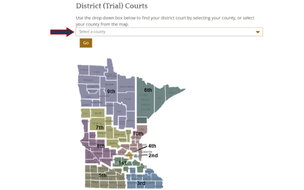 A screenshot from the Minnesota Judicial Branch features a map of a state's district courts, divided by numbered regions with various colors indicating different districts, and a drop-down menu for selecting a county to find the corresponding district court.